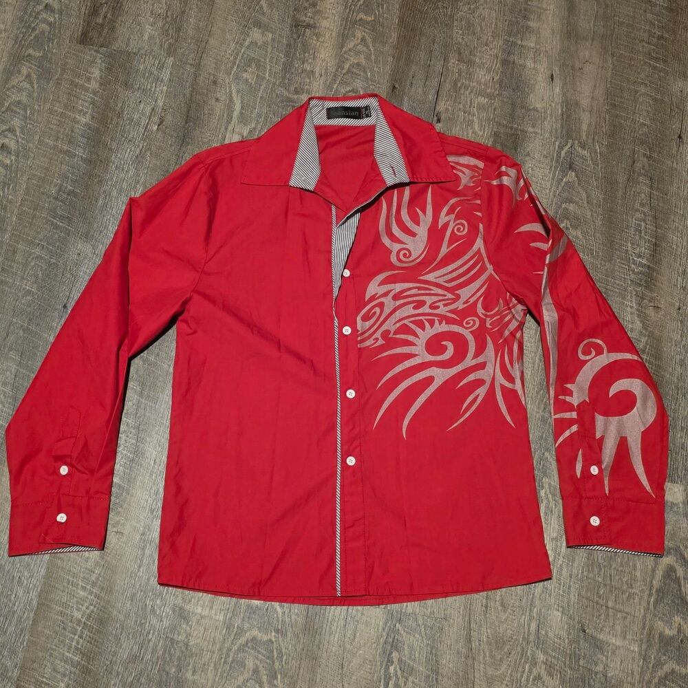 JEANSIAN Shirt Men’s Long Sleeve Gray Graphic Print Button Down XL Red Collared